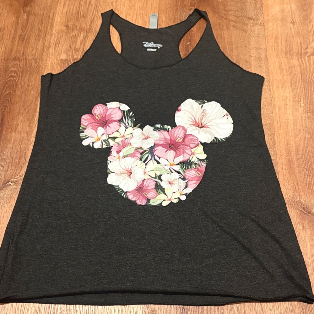 Disney Women's Black Tank Top with Floral Mickey Design